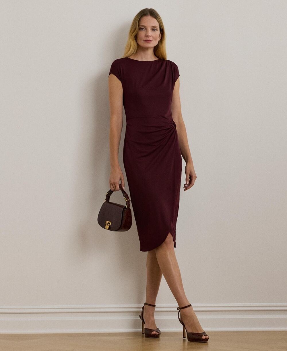 Lauren Ralph Lauren Ring-Trim Jersey Cap-Sleeve Dress Burgundy Size 0 0015